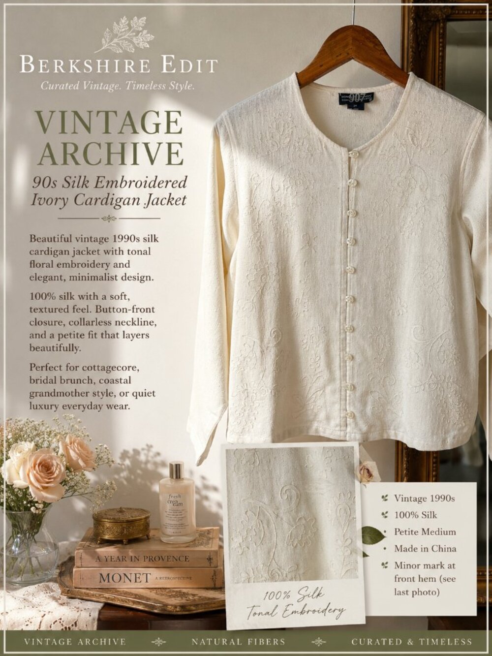 Vintage 90s Silk Embroidered Ivory Cardigan Jacket Petite Medium